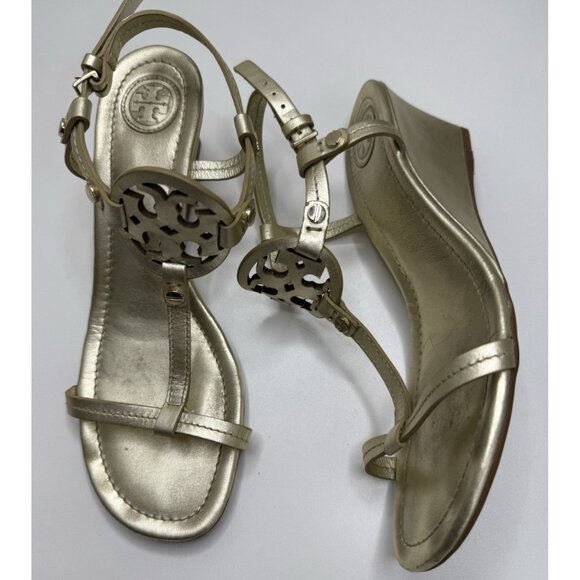 Tory Burch Women's Miller Leather Gold Logo Wedge Sandals Shoes Size 6.5 M - Picture 1 of 12